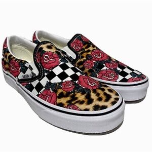 Vans Red and Black Slip-On Sneakers with Bold Patterns